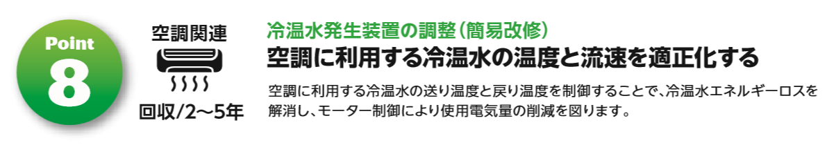 ⑧空調関連　冷温水発生装置の調整（簡易改修）　空調に利用する冷温水の温度と流速を適正化する。　空調に利用する冷温水の送り温度と戻り温度を制御することで、冷温水エネルギーロスを解消し、モーター制御により使用電気量の削減を図ります。