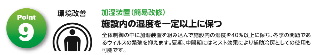 ⑨加湿装置（簡易改修）　施設内湿度を一定以上に保つ。　全体制御の中に加湿装置を組み込んで施設内の湿度を40％以上に保ち、冬季の問題であるウィルスの繁殖を抑えます。夏期、中間期にはミスト効果により補助冷房としての使用も可能です。